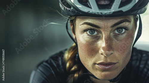 Portrait Of A Determinated Female Cyclist. Perseverance And Winning Attitude. Woman With Bike, Female Cyclist Background