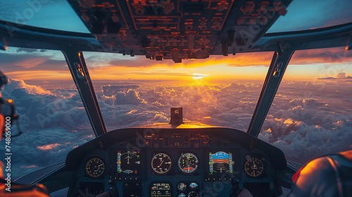 The stunning view of a sunset from the perspective of an airplane cockpit.