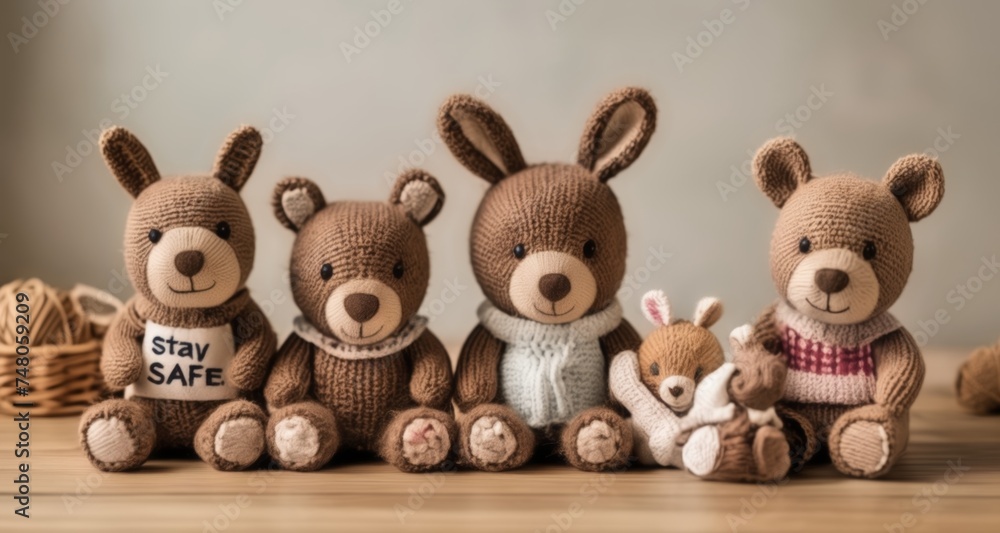 Cute knitted animals on a table, perfect for a cozy home decor Cute knitted animals on a table, perfect for a cozy home decor