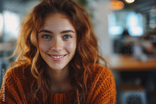 Close-up of a happy young woman with sparkling blue eyes and curly red hair, giving a bright smile.