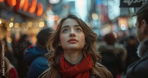 A young woman stands in a crowd of people on the street of a big city
