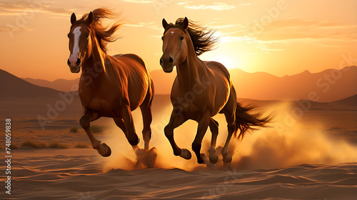 Captivating Snapshot: Graceful Arabian Horses Galloping Free in the Wilderness Under a Crimson Skyline