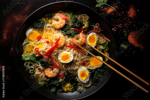 Top view of steaming traditional ramen soup with chopsticks, japanese cuisine concept