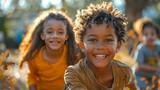 Having Fun in a Park: A Group of Multiethnic Children Playing Together and Smiling