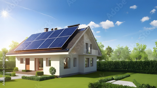 Eco-friendly house with a solar panel roof, clean energy, and greener lifestyle