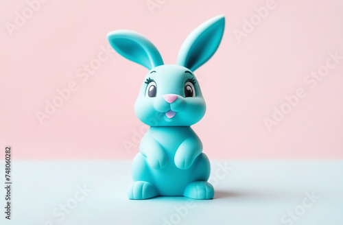 bright blue cartoon easter bunny on pink background  copy space.