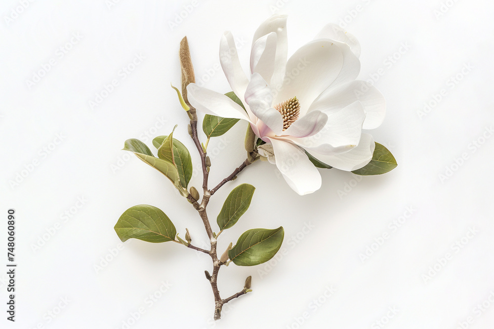 White Magnolia flower with green leaf on white background. White Magnolia flower with green leaf on white background.