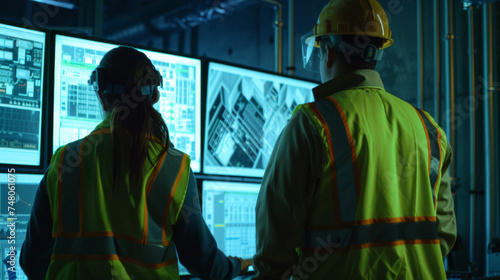 Two professionals in safety helmets and reflective jackets are attentively monitoring screens in an industrial control room.