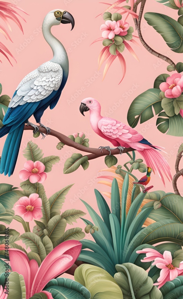 Obraz premium Vintage garden tree, banana tree, plant, crane, parrot, bird floral seamless border pink background. Exotic chinoiserie wallpaper, Generative AI