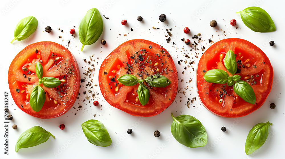 Tomato slices with basil and pepper on the white background Tomato slices with basil and pepper on the white background