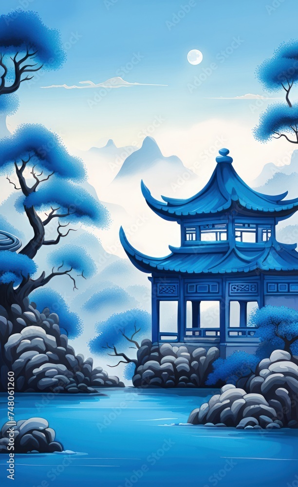 Obraz premium Hand painted Chinese style blue elegant landscape painting, Generative AI