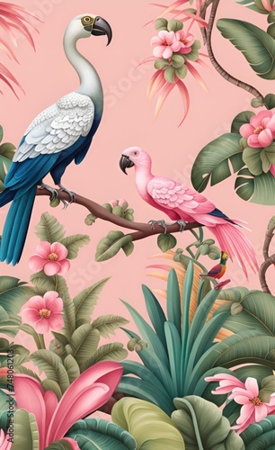 Vintage garden tree, banana tree, plant, crane, parrot, bird floral seamless border pink background. Exotic chinoiserie wallpaper, Generative AI