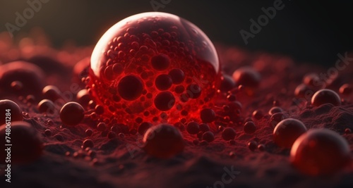  Close-up of a vibrant red, textured sphere amidst a sea of smaller spheres