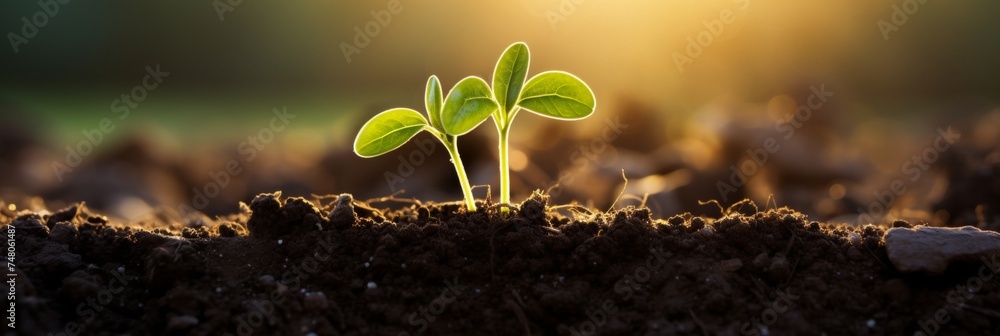 Green seedling sprouting from fertile soil, copy space for text, concept of growth and nature - obrazy, fototapety, plakaty 