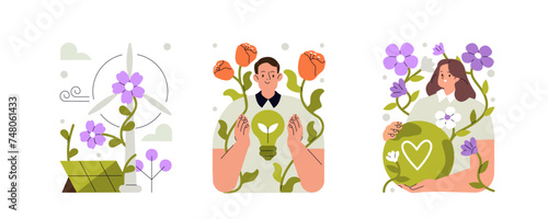 Sustainable development concept illustration. Collections of men and women characters showing benefits of renewable energy, green industry against climate change. Vector illustrations set.