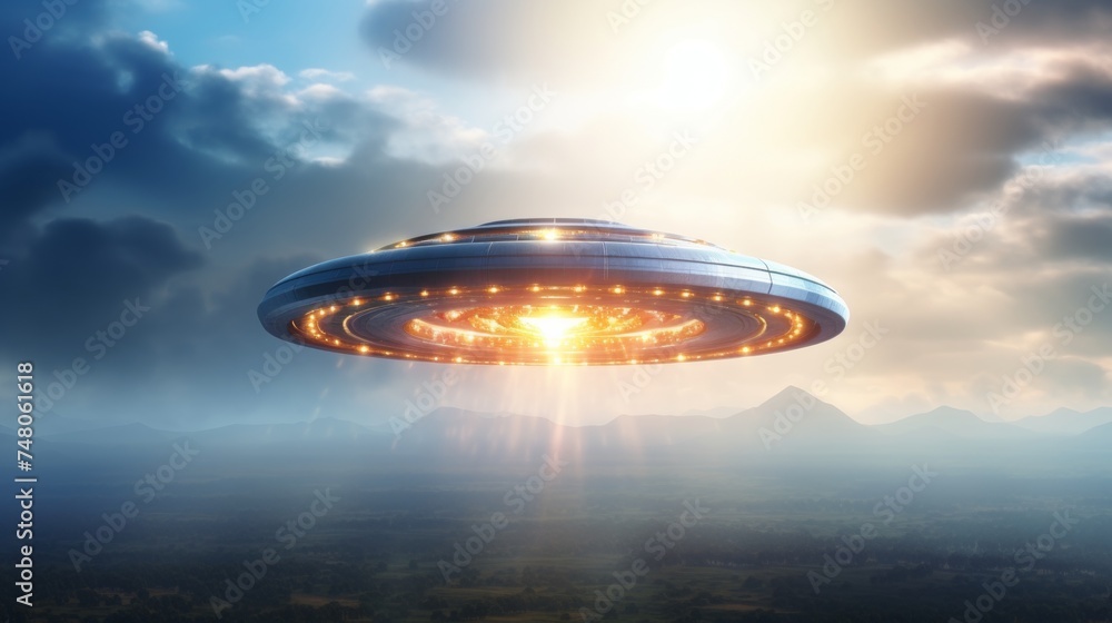 Glowing ufo flying in the sky with space for text, mysterious extraterrestrial spacecraft concept