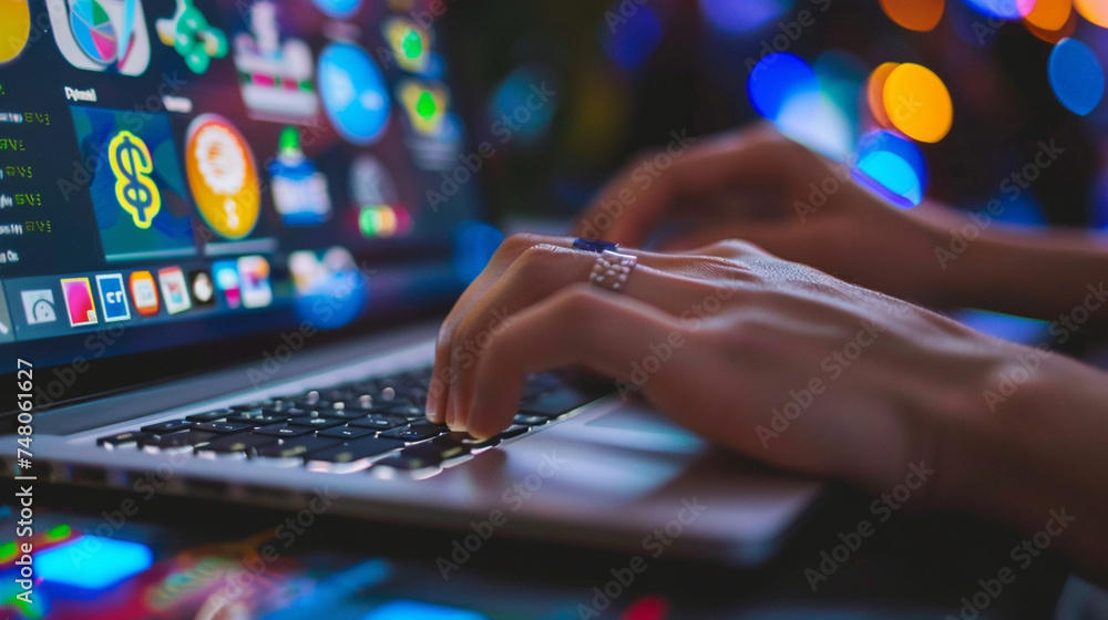 A close-up of a programmer's hands typing on a laptop with stickers, a symbol of the developer culture, programmer working, blurred background, with copy space A close-up of a programmer's hands typing on a laptop with stickers, a symbol of the developer culture, programmer working, blurred background, with copy space