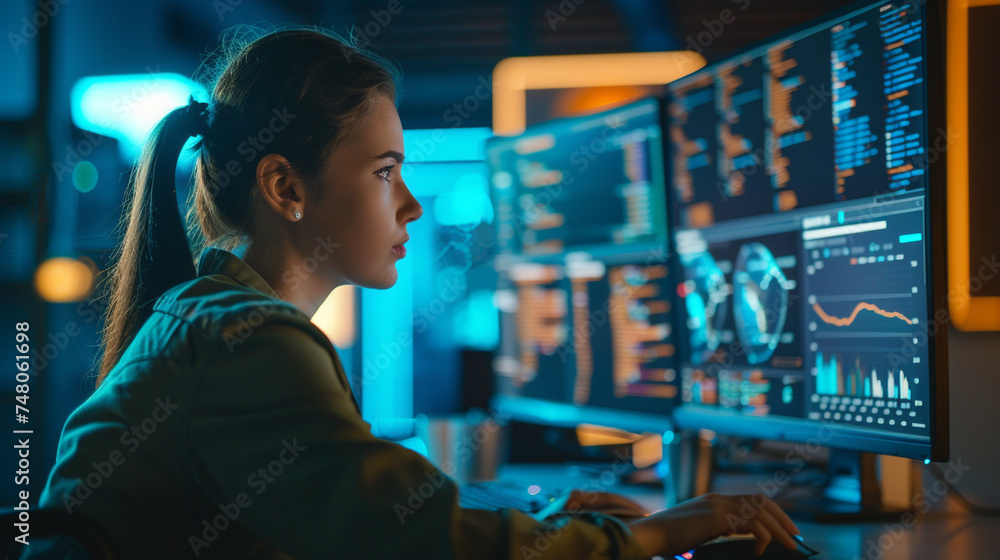 A female programmer analyzing data on dual monitors, showcasing diversity and expertise in the tech industry, programmer working, blurred background, with copy space A female programmer analyzing data on dual monitors, showcasing diversity and expertise in the tech industry, programmer working, blurred background, with copy space