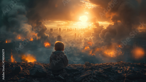 A little boy looks at the ruins of a destroyed city. Consequences of the war.