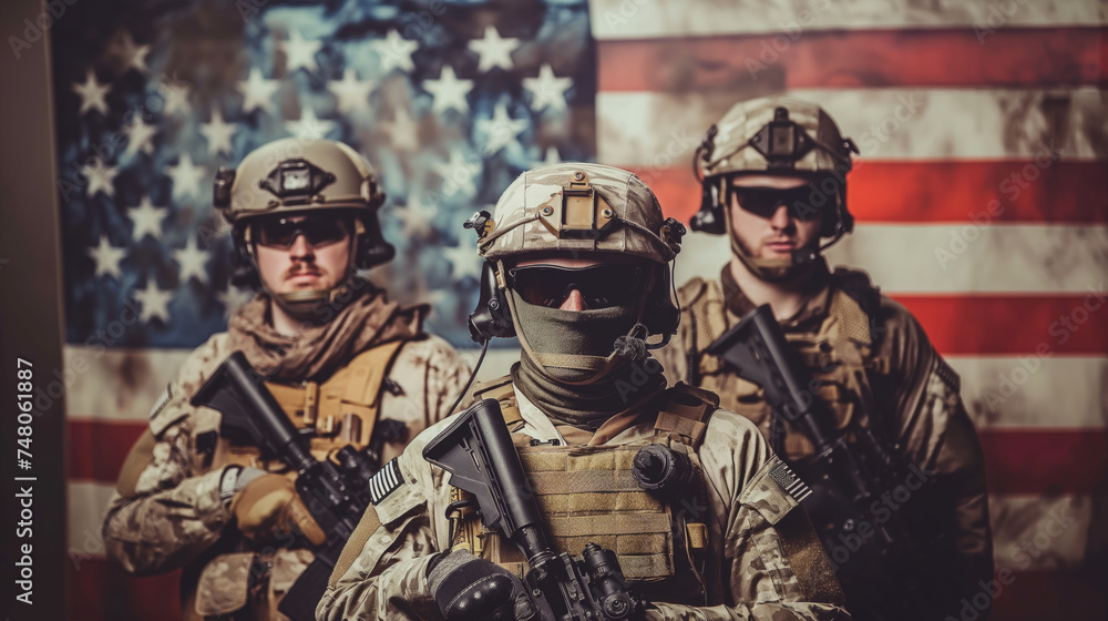 American modern soldiers in full gear, American flag in the background.
