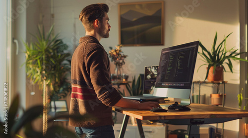 A programmer using a standing desk, staying active while focusing on developing new software, programmer working, blurred background, with copy space