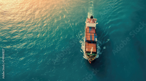 Aerial view of cargo container ship at sea.