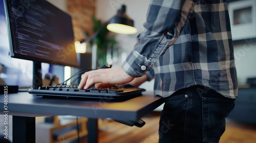 A programmer using a standing desk  staying active while focusing on developing new software  programmer working  blurred background  with copy space