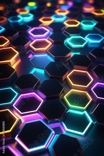 3D metal glowing hexagon objects with neon lights  vertical composition