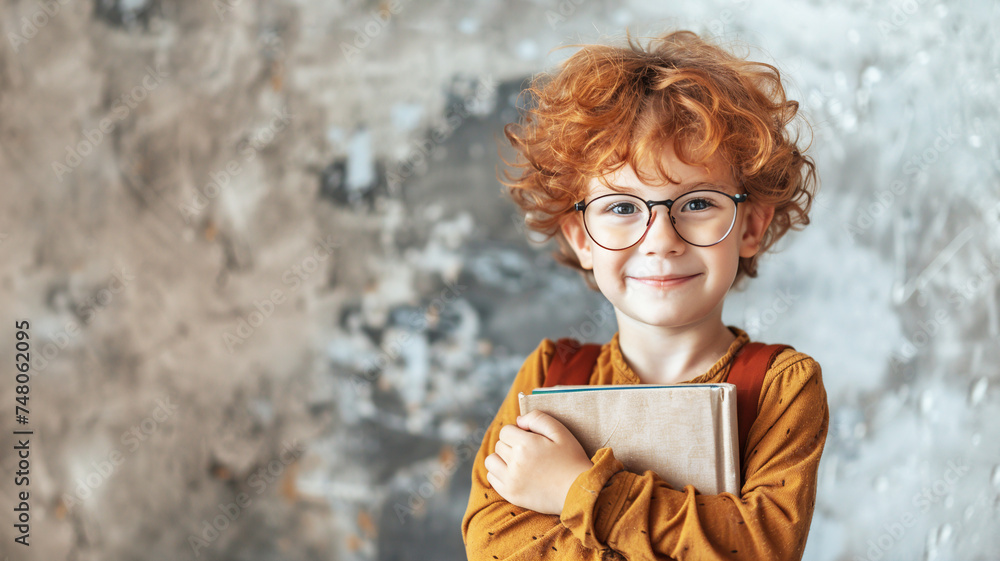 cute little red-haired boy, with glasses, backpack, books, stands against background of gray wall cute little red-haired boy, with glasses, backpack, books, stands against background of gray wall