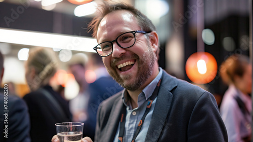 Happy businessman laughing while holding a drink.