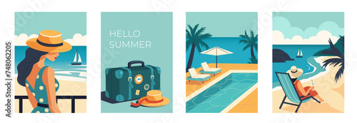 Summer holidays, travel and vacation concept set. Collections of retro style posters with woman relaxed at the beach, vintage suitcase luggage and swimming pool. Vector illustration.
