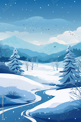 Snowy Winter Forest: A Beautiful Merry Christmas Scene with Snow-Covered Trees and a Blue Sky Background, Illustration for Holiday Card © SHOTPRIME STUDIO