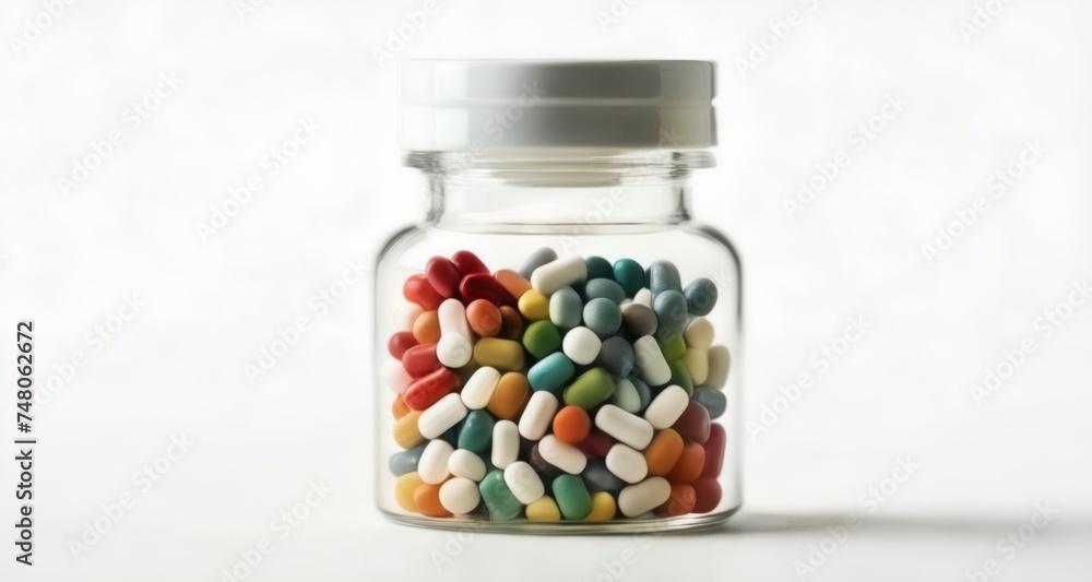 Colorful pill capsules in a glass jar Colorful pill capsules in a glass jar