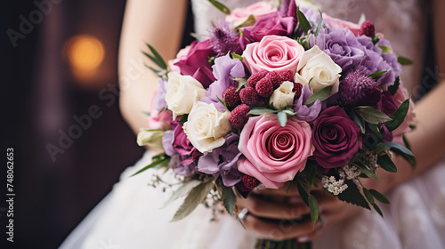 an elegant bride with a beautiful bouquet,with empty copy space photo