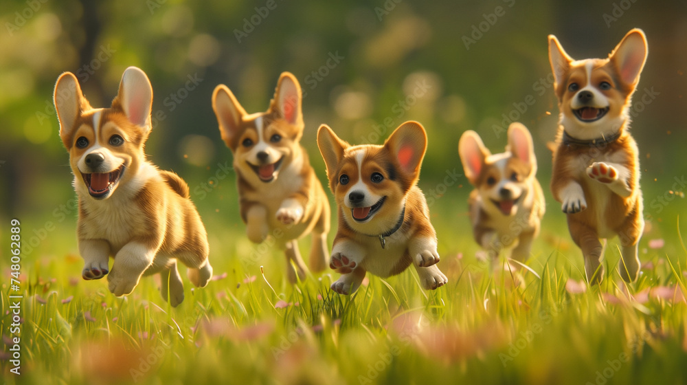 Cute pets in a vibrant, sunny field, dynamic action shot. 