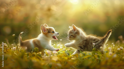 Cute pets in a vibrant, sunny field, dynamic action shot. 