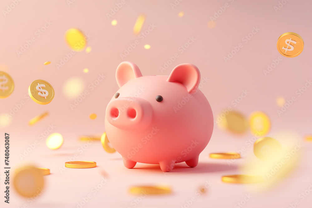 Piggy bank with golden coins 3d render on pastel background. Saving money, savings, finance and money deposit concept, cartoon minimal style. Banking, investment, earnings, saving and investing money Piggy bank with golden coins 3d render on pastel background. Saving money, savings, finance and money deposit concept, cartoon minimal style. Banking, investment, earnings, saving and investing money