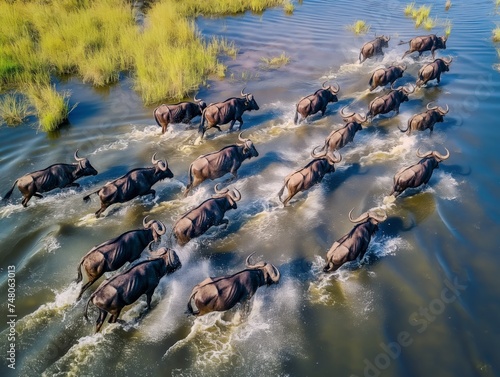 Aerial view of a herd of buffalo running along the river bank