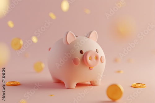 Piggy bank with golden coins 3d render on pastel background. Saving money, savings, finance and money deposit concept, cartoon minimal style. Banking, investment, earnings, saving and investing money