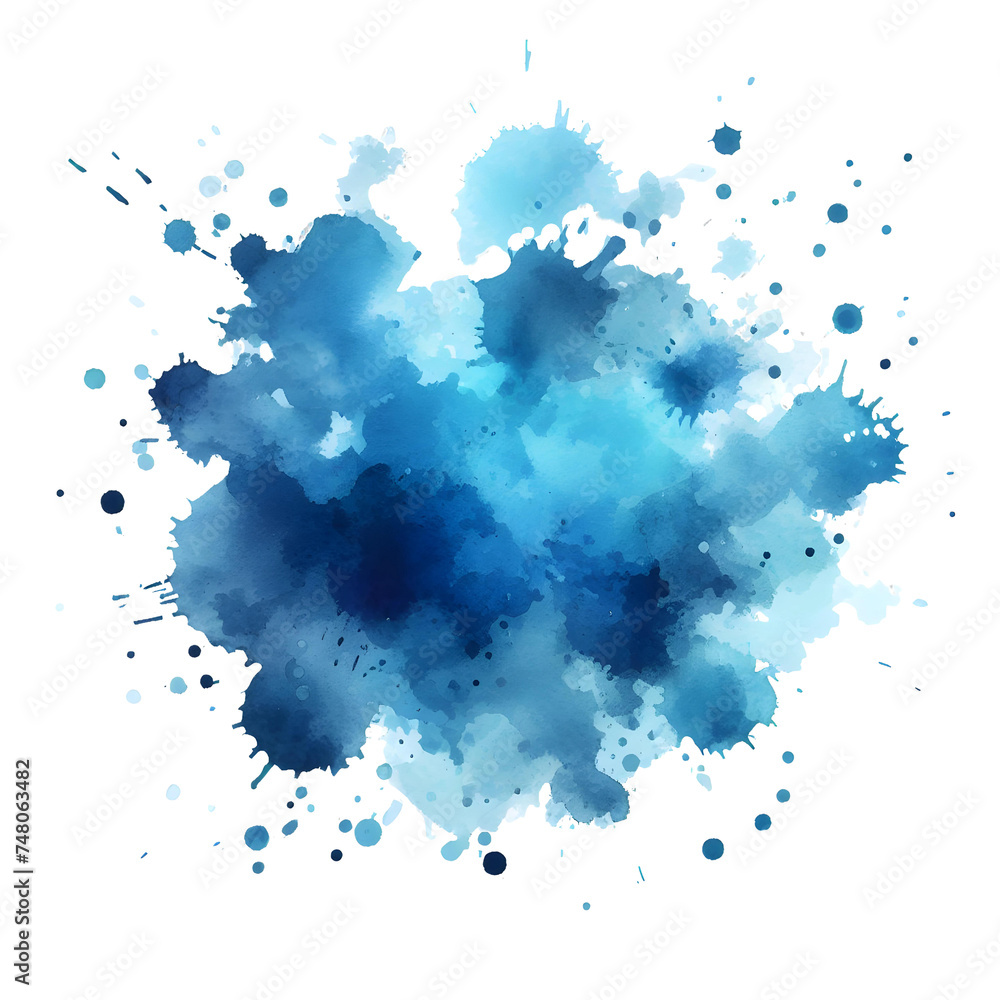 A blue watercolor splash splatters across a white background, its edges soft and dreamlike.