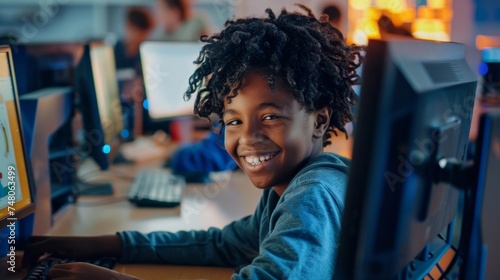 Smiling child at computer in a classroom, representing technology in education and the joy of interactive learning photo