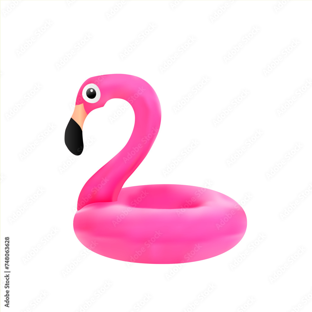 Pink flamingo inflatable circle isolated on white. Swimming equipment. Summer water fun pool toy Pink flamingo inflatable circle isolated on white. Swimming equipment. Summer water fun pool toy