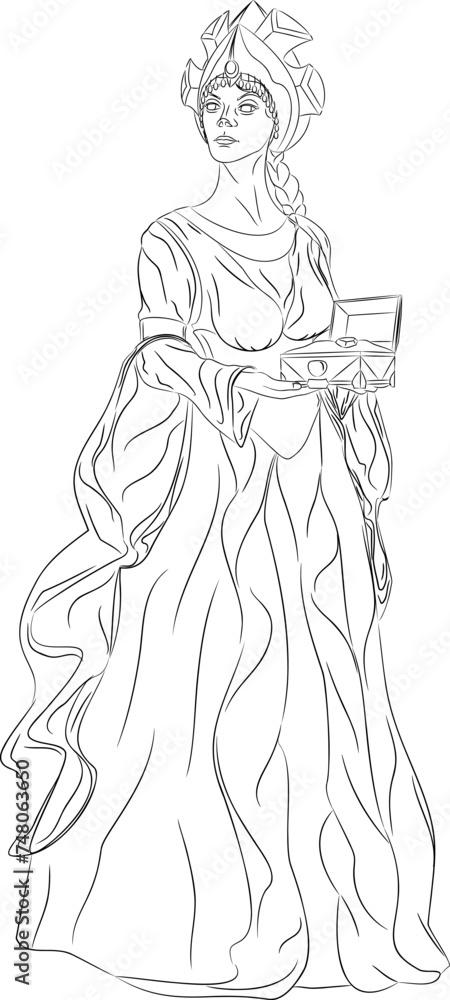 Line art of Mistress of the Copper Mountain with a Malachite Box. 
Vector illustration of woman with a crown on her head in a green dress with long sleeves with a copper gorget (plate, necklace)