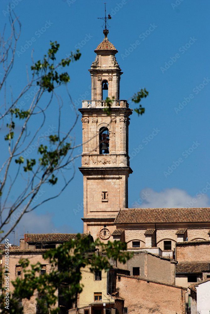 Bell tower over small medieval village