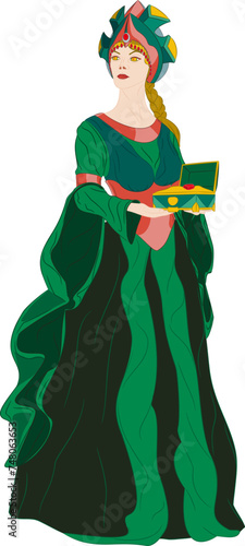 Mistress of the Copper Mountain with a Malachite Box. Vector illustration of woman with a crown on her head in a green dress with long sleeves with a copper gorget (plate, necklace), corset 