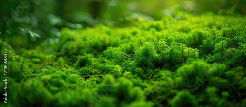 A detailed view of a moss-covered surface with trees in the background. The focus is on the texture of the moss and the natural elements surrounding it.