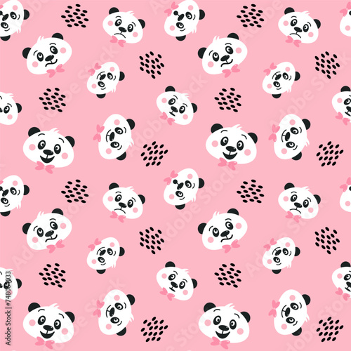 Vector seamless pattern with cute panda head in different mood, happy, sad, surprised, glad, satisfied, joyful.