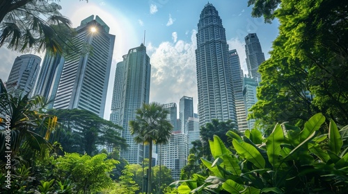 Lush urban greenery juxtaposed with towering skyscrapers, symbolizing urban ecology and development