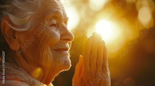 Peaceful elderly woman in prayerful meditation during sunset, conveying spirituality and gratitude, and purpose for themes of spirituality and peaceful aging.