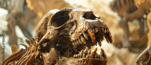 The fearsome skull of a Tyrannosaurus Rex, a striking relic from a prehistoric age, on display.